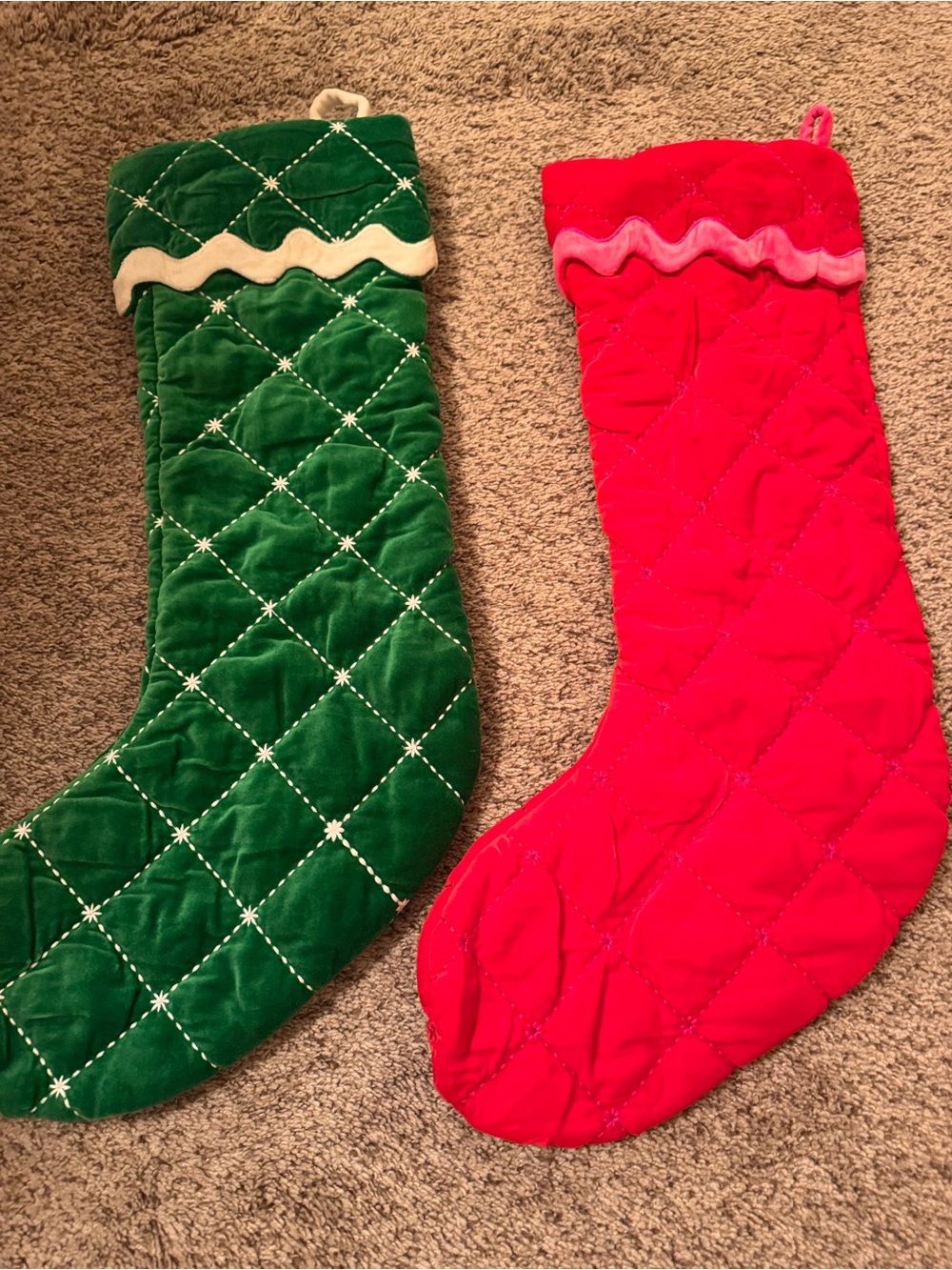 Anthropologie Quilted Velvet Holiday Stockings - Green and Red